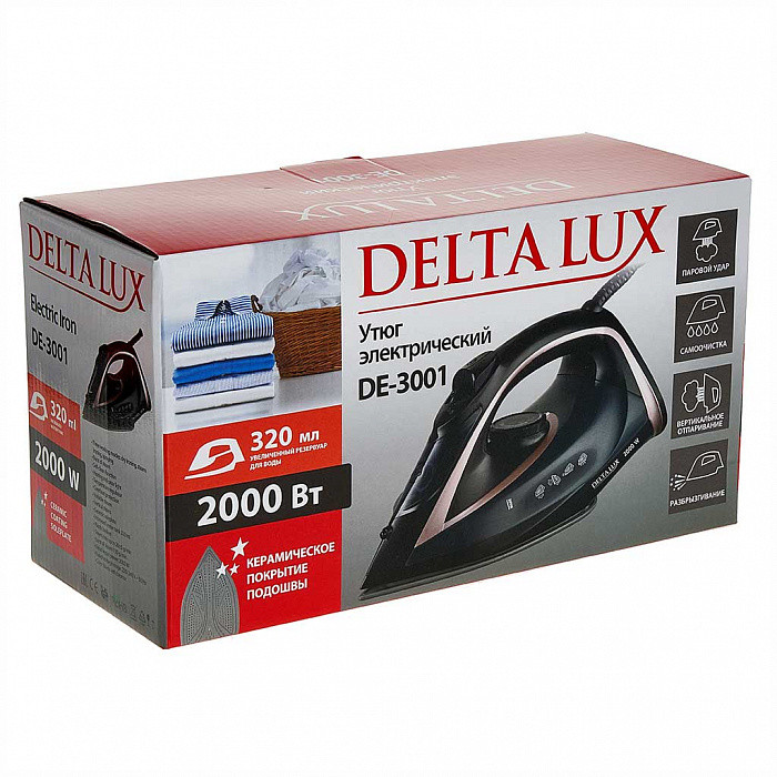 Утюг DELTA LUX DE-3001, черный с бронзовым, 2000 Вт, КЕРАМИКА, САМООЧИСТКА,ПАРОВОЙ УДАР, 320мл(10)