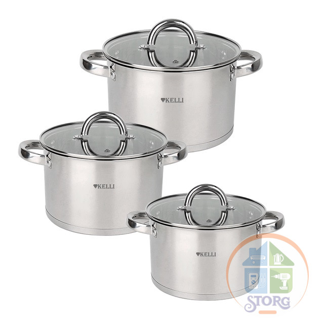 Набор кастрюль 6 предметов KELLI KL-4701, 3 кастрюли 1.8л, 2.5л, 3.5л, 3 крышки