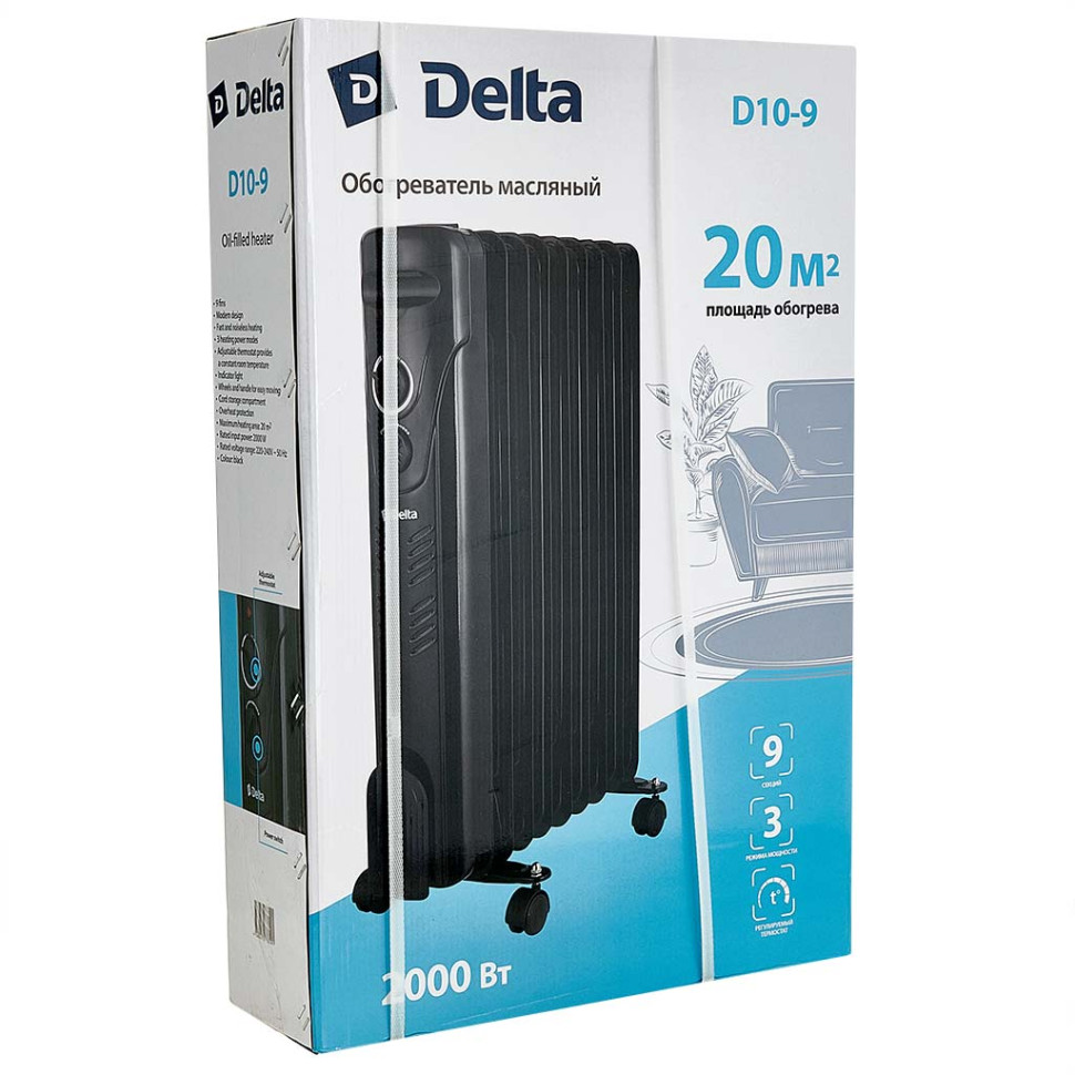 Обогреватель масляный DELTA D10-9, черный, 2000Вт, 9 секций, 3 режима, площадь обогрева 15-20 м²