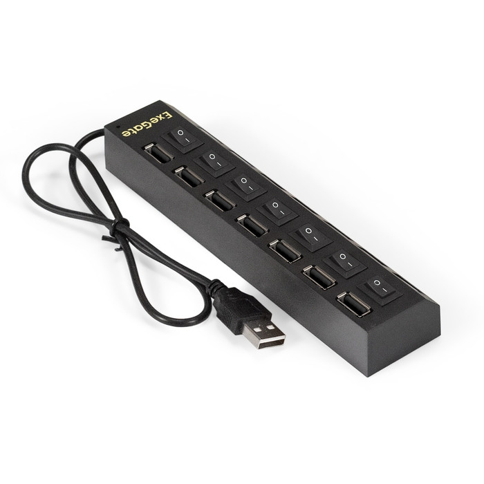 Хаб USB (концентратор) ExeGate EX293978RUS DUB-72SW (кабель-адаптер USB2.0 --> 7xUSB2.0, кнопки включения/отключения для каждого порта, Plug&Play, черный) <EX293978RUS>