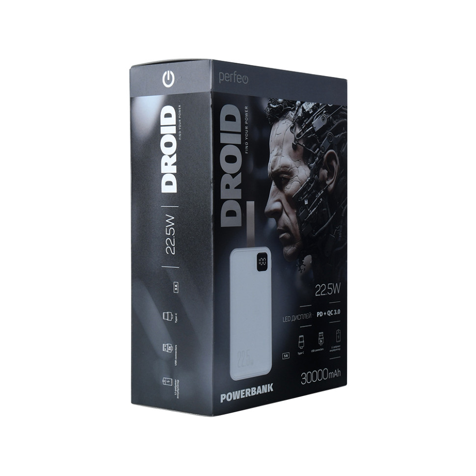 Внешний аккумулятор PERFEO Powerbank DROID 30000 mAh PD + QC 3.0/Type-C/2 USB/ 5A, 22.5W/White