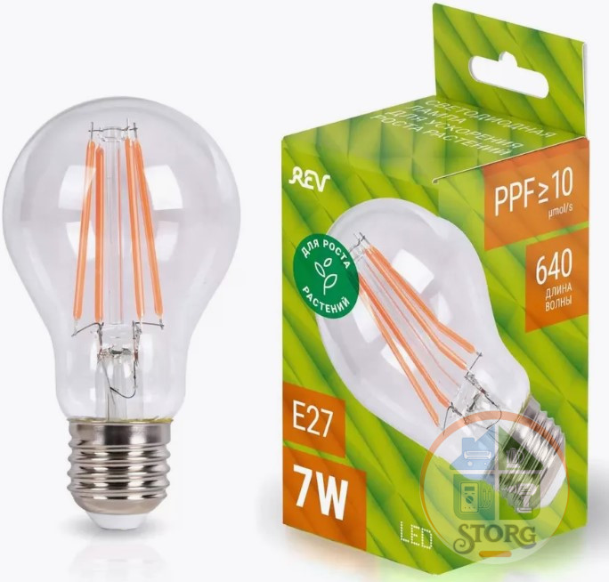 Фитолампа REV LED для растений А60 E27 7W FILAMENT, 575-650Нм, PPF>10