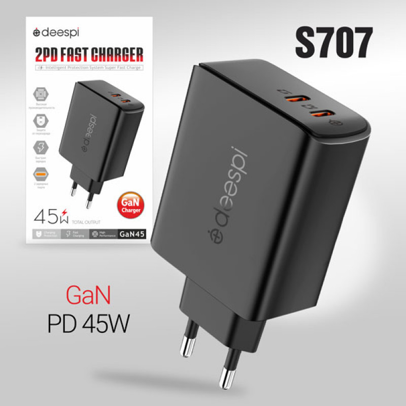 СЗУ Deespi GaN45 C-C 45W 2x Type-C (PD) Black