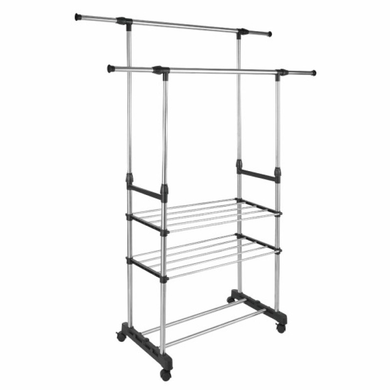 Вешалка напольная раздвижная Happy Panda HP-CR03, 2 перекл., 2 полки, 80/150х43х90/160см, на колесах
