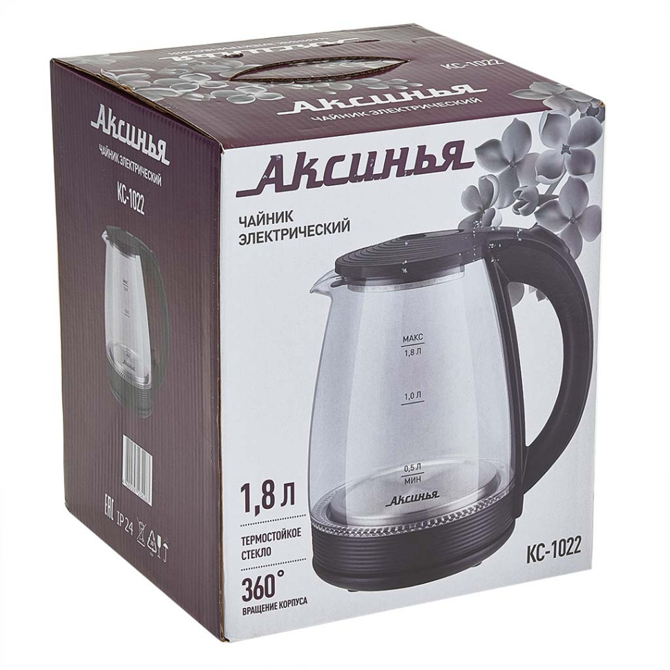 Чайник электрический АКСИНЬЯ КС-1022, жаропр.стекло/черный, 1.8л, 1500Вт, LED подсветка внутр.