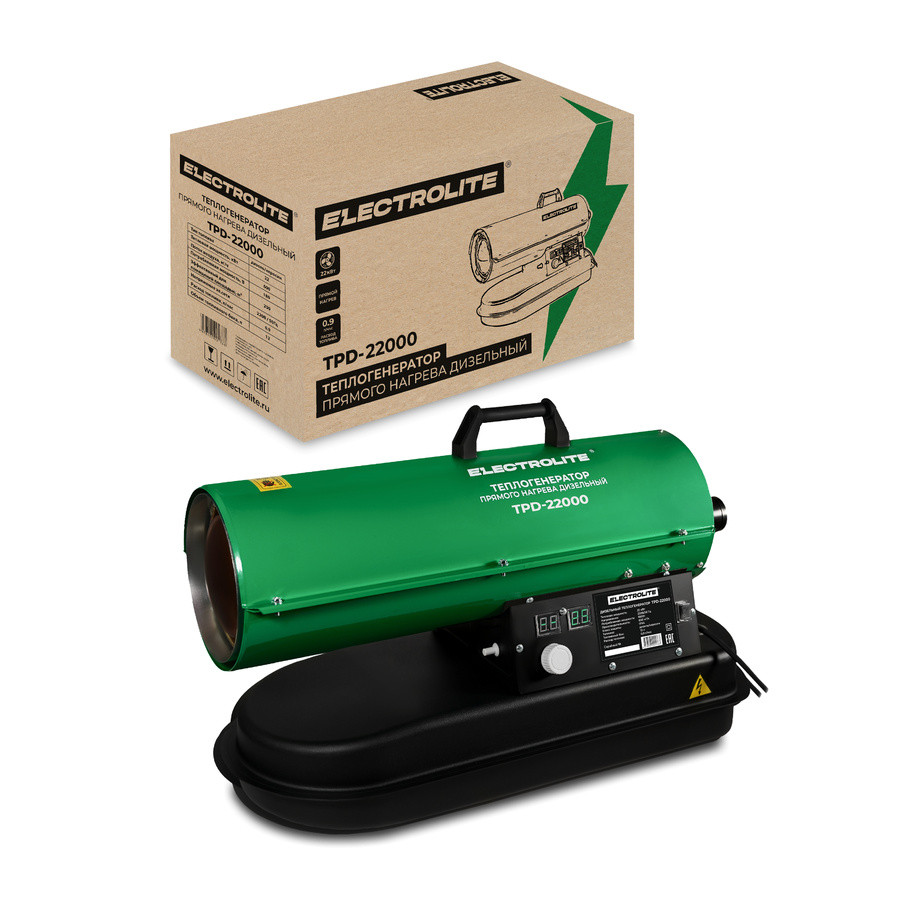 Пушка тепловая дизельная ELECTROLITE TPD-22000, прямой нагр,600м³/час, бак 12л, 22кВт, автоном.отоп.