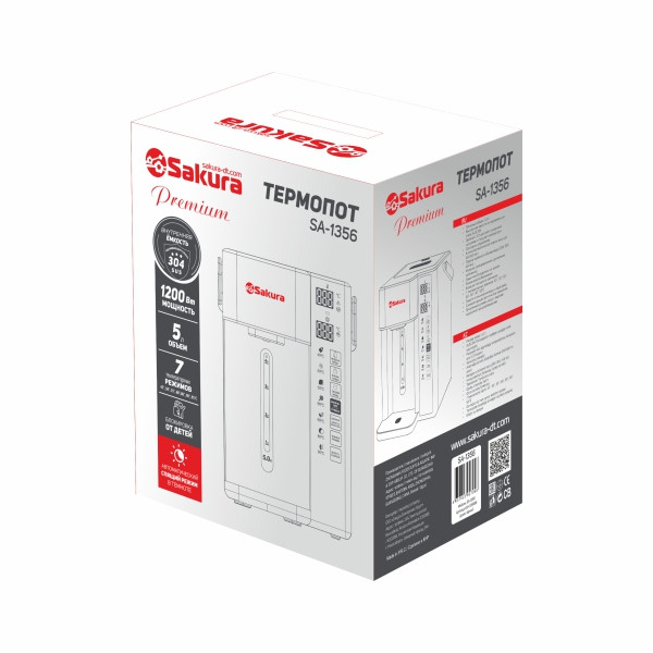 Термопот SAKURA SA-1356W, 5л, 1200Вт, нерж.сталь, подсветка, сенс.управ., 7 темп реж. 45-95 °C