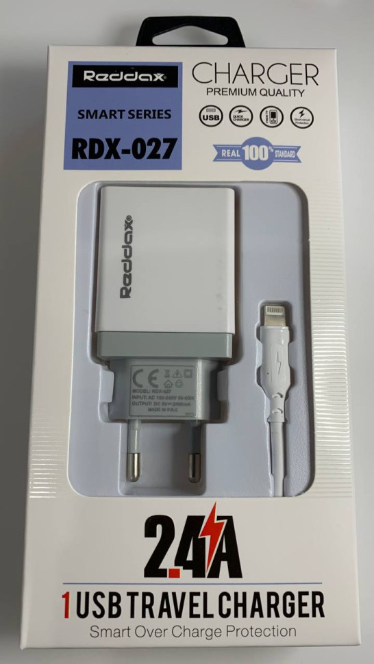 СЗУ Reddax RDX-027 5V2,4A + кабель Lightning белый