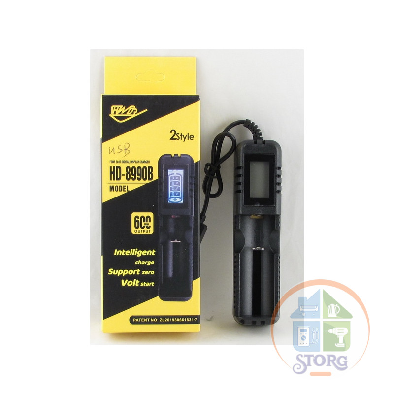 Зарядное устройство HD-8990B  для 1 аккумулятора 18650 с дисплеем, шнур micro USB