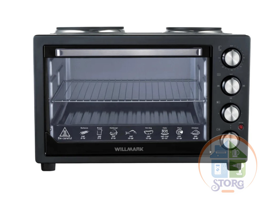 Духовой шкаф WILLMARK WHO-588B, 45л, 2 конфорки, термостат, 230С, 2450Вт, чёрный