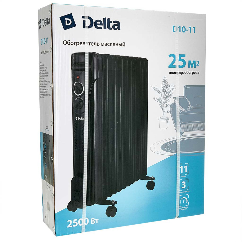 Обогреватель масляный DELTA D10-11, черный, 2500Вт, 11 секций, площадь обогрева 20-25м², 3 режима