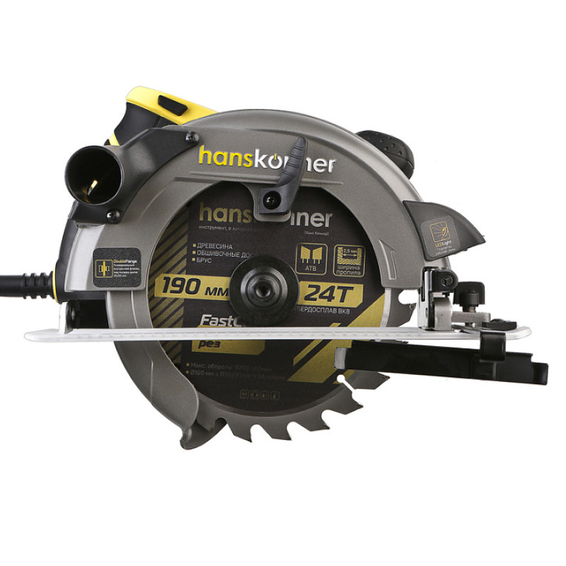 Пила дисковая циркулярная Hanskonner HCS50190, 1800Вт, ТПД 190х20мм, 65мм, константная эл-ка, LED