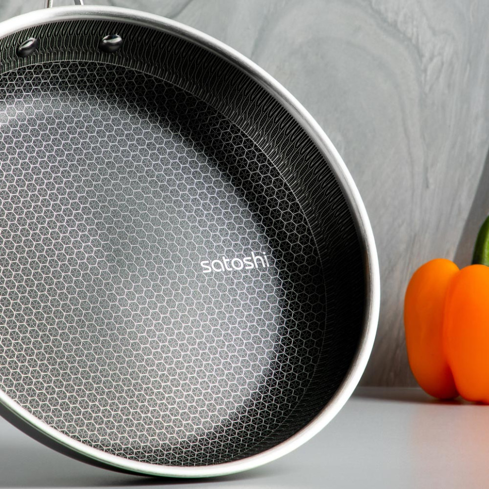 Сковорода SATOSHI Савона Triply 3-х слойная 28х5,3см, нерж.сталь 18/10, антиприг.покр. "соты", инд