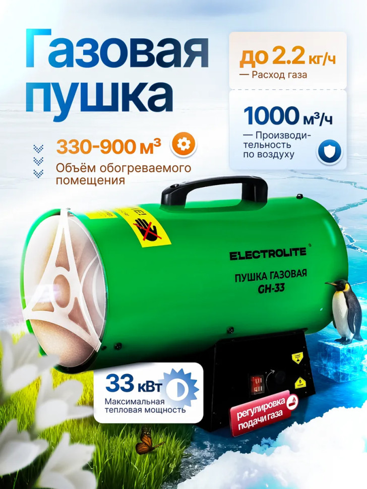 Пушка тепловая газовая ELECTROLITE GH 33, прямой нагрев, 33 кВт, 1000м³/ч, регулировка подачи газа, теплогенератор