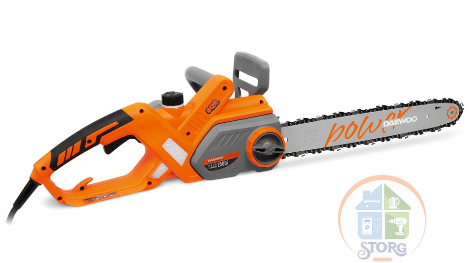 Пила электрическая DAEWOO DACS 2500E, 40 см, 2500 Вт, система привода SDS,  корпус из ударопрочного пластика ABS, металлический зубчатый упор, индикатор уровня цепного масла, защита от случайного включения