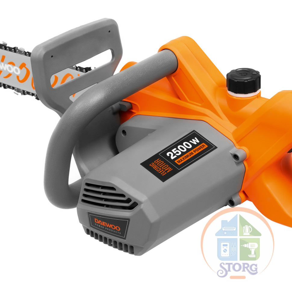 Пила электрическая DAEWOO DACS 2500E, 40 см, 2500 Вт, система привода SDS,  корпус из ударопрочного пластика ABS, металлический зубчатый упор, индикатор уровня цепного масла, защита от случайного включения