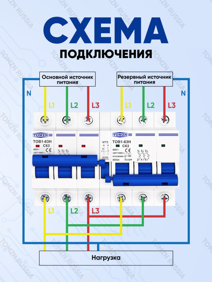 Реверсивный рубильник TOMZN TOB1-63H MTS 3P, 63А, 3-фазный, 3P+3P, ручной ввод резерва, на DIN‑рейку