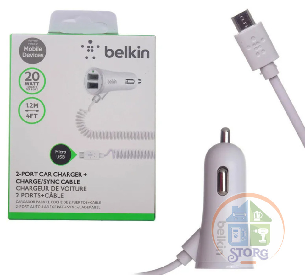 АЗУ автозарядка Belkin 20W витой кабель Micro 1,2m  2USB 2,1A