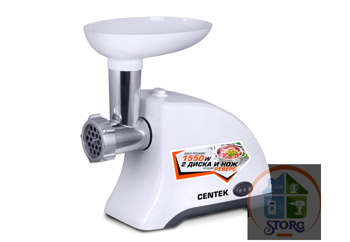 Мясорубка электрическая CENTEK CT-1609 (Белый; Мощность 1550Вт; Реверс; Насадка для колбас/кеббе)