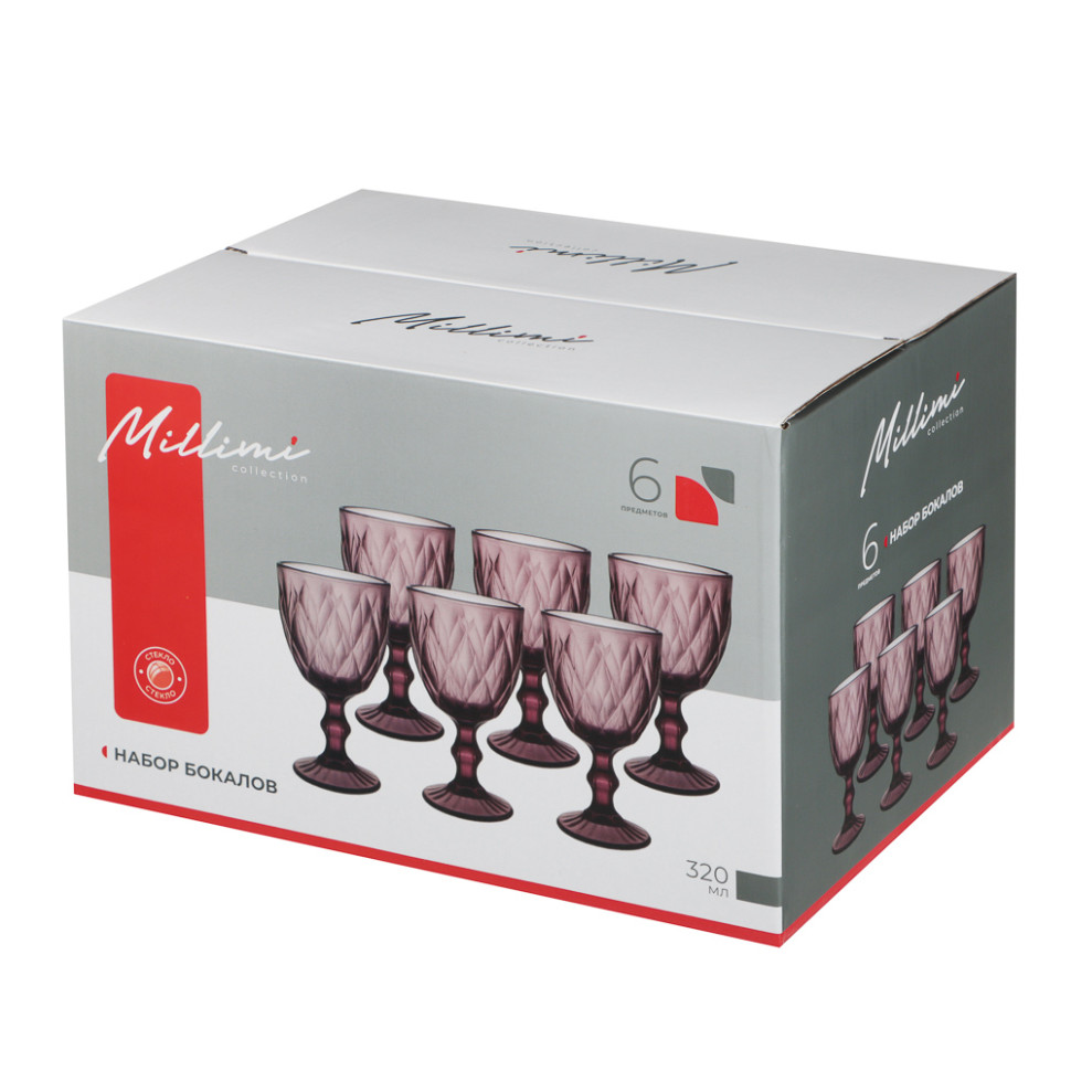 Набор бокалов MILLIMI 6 шт, 320 мл, стекло, бордовый ромб