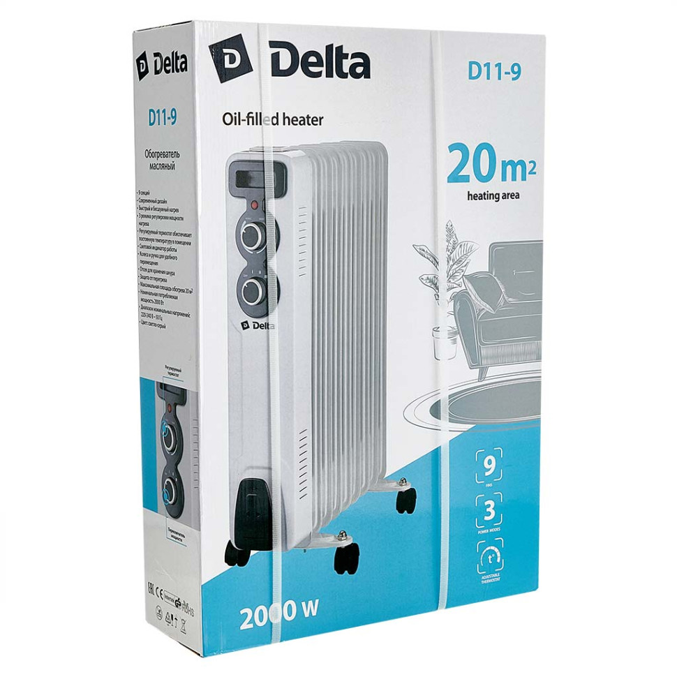 Обогреватель масляный DELTA D11-9, светло-серый,2000Вт, 9 секций, площадь обогрева 15-20м², 3 режима