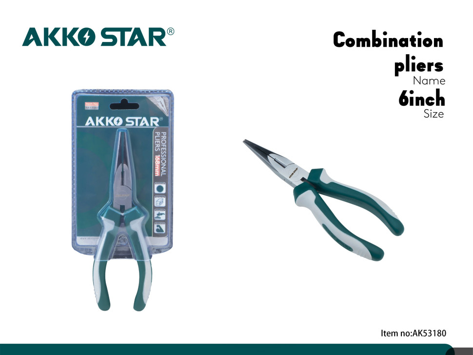 Длинногубцы комбинированные AKKOSTAR с игольчатым носом 6" 168мм (долька.6шт) Длинногубцы комбинированные AKKOSTAR с игольчатым носом 6" 168мм (долька.6шт)
