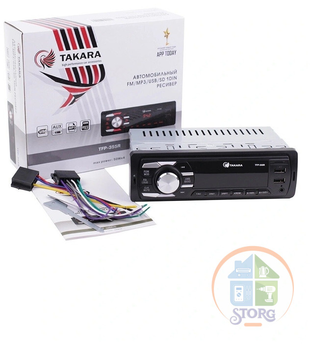 Автомагнитола TAKARA EP-355R 1din, aux, usb 32 gb, radio, sd 32gd, mp3, wma, 4x50 вт