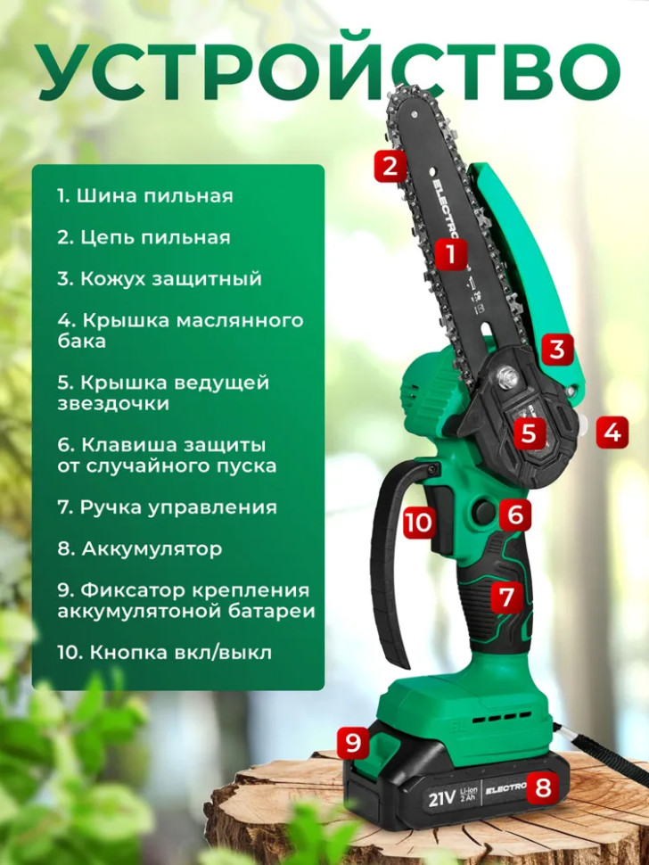 Пила цепная аккумуляторная бесщеточная ELECTROLITE CSA 21V6 BL, 2 Li-ion аккум., 2Аh, 37зв