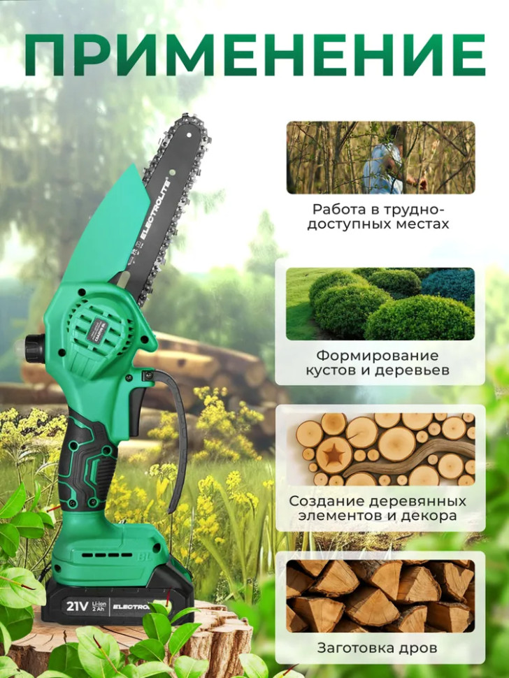 Пила цепная аккумуляторная бесщеточная ELECTROLITE CSA 21V6 BL, 2 Li-ion аккум., 2Аh, 37зв