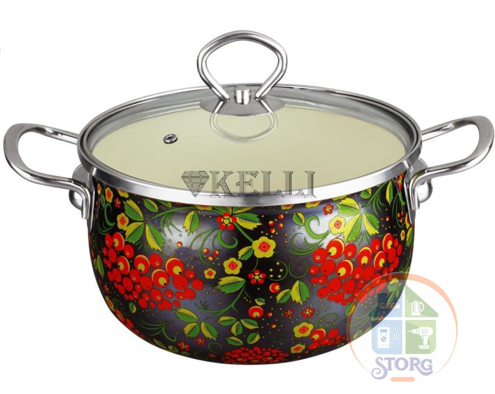 Кастрюля эмалированная KELLI KL-4459-20, 4.2л с жаропрочной стеклянной крышкой
