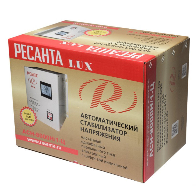 Стабилизатор напряжения релейный Ресанта АСН-8 000 Н/1-Ц 63/6/17 Lux 220В±8%, Габ. 305х190х360