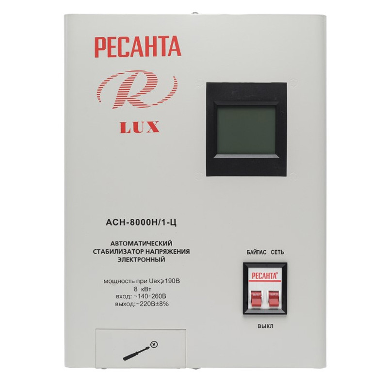 Стабилизатор напряжения релейный Ресанта АСН-8 000 Н/1-Ц 63/6/17 Lux 220В±8%, Габ. 305х190х360