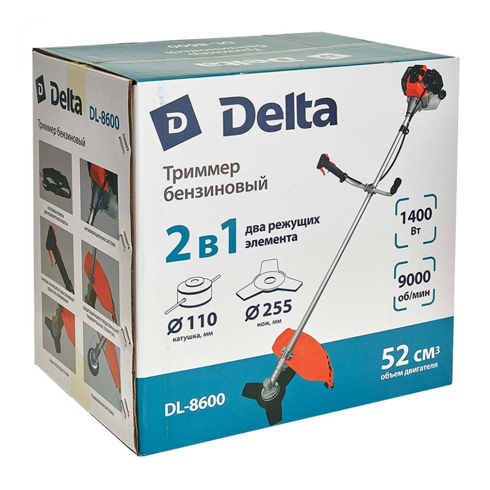 Бензотриммер DELTA DL-8600, 1,9 л. с., 52 см³, 9000 об/мин, нож:255/255мм, катушка: 110/430мм