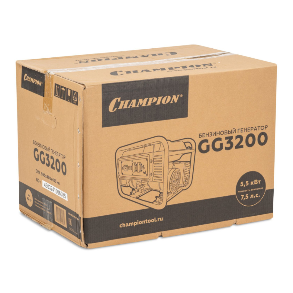 Генератор бензиновый CHAMPION GG3200 (3,2/3,5кВт, 220В, 4-такт., бак 15л, AVR, мед.обмот., ручной) Генератор бензиновый CHAMPION GG3200 (3,2/3,5кВт, 220В, 4-такт., бак 15л, AVR, мед.обмот., ручной)