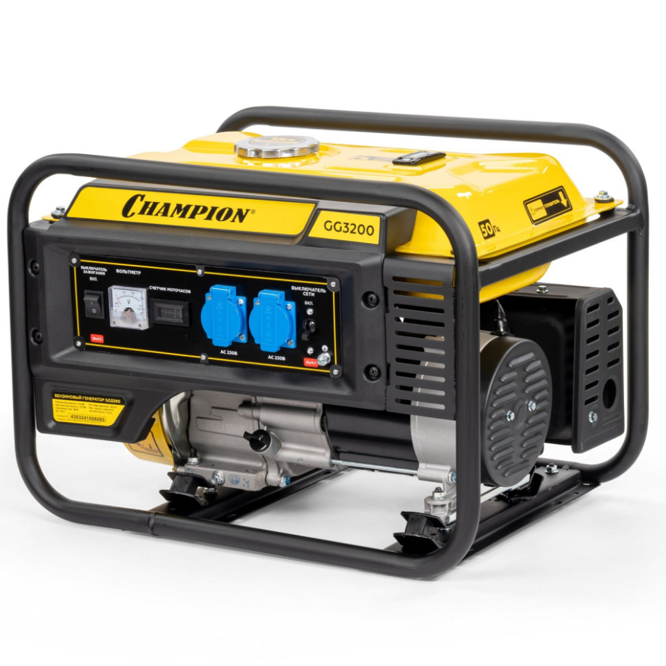 Генератор бензиновый CHAMPION GG3200 (3,2/3,5кВт, 220В, 4-такт., бак 15л, AVR, мед.обмот., ручной) Генератор бензиновый CHAMPION GG3200 (3,2/3,5кВт, 220В, 4-такт., бак 15л, AVR, мед.обмот., ручной)