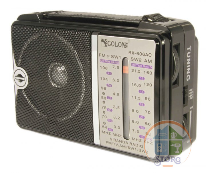 Радиоприемник GOLON RX-606 (fm-64), 105х160х60мм, FM, УКВ, СВ, КВ, от сети и бат.R20, AUX
