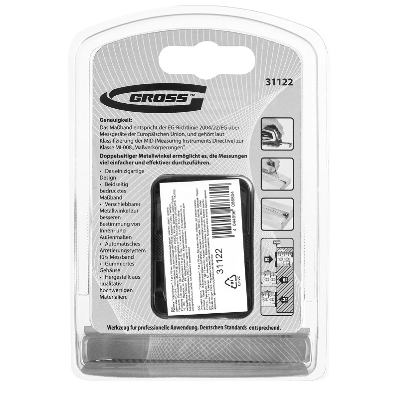 Рулетка Gross "Doppelhaken", 3 м x 16 мм, односторонний зацеп, нейлон, двуст. шкала, автоматич.
