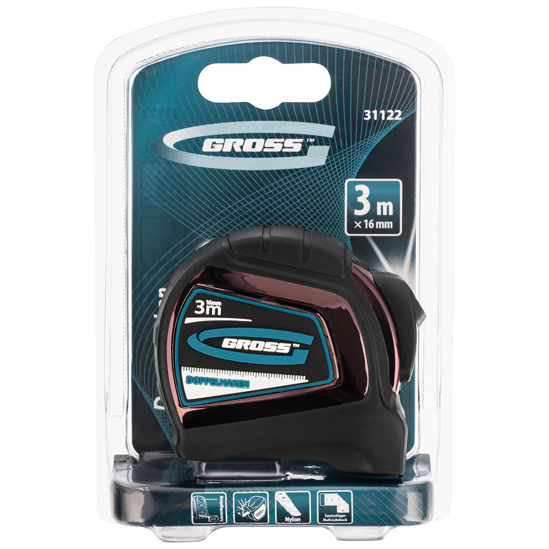 Рулетка Gross "Doppelhaken", 3 м x 16 мм, односторонний зацеп, нейлон, двуст. шкала, автоматич.
