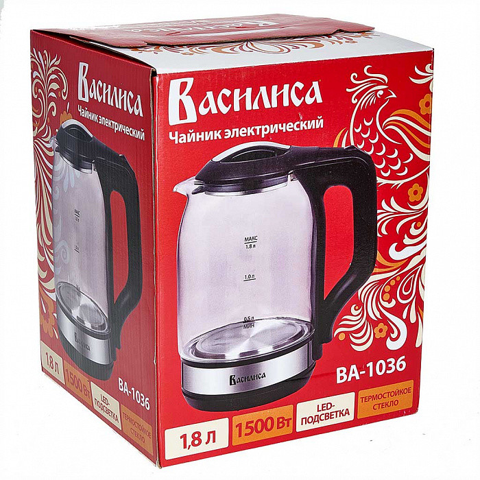 Чайник электрический ВАСИЛИСА ВА-1036 (Черный; Мощность 1500Вт; Объем 1.8л; Стеклянный; Подсветка)