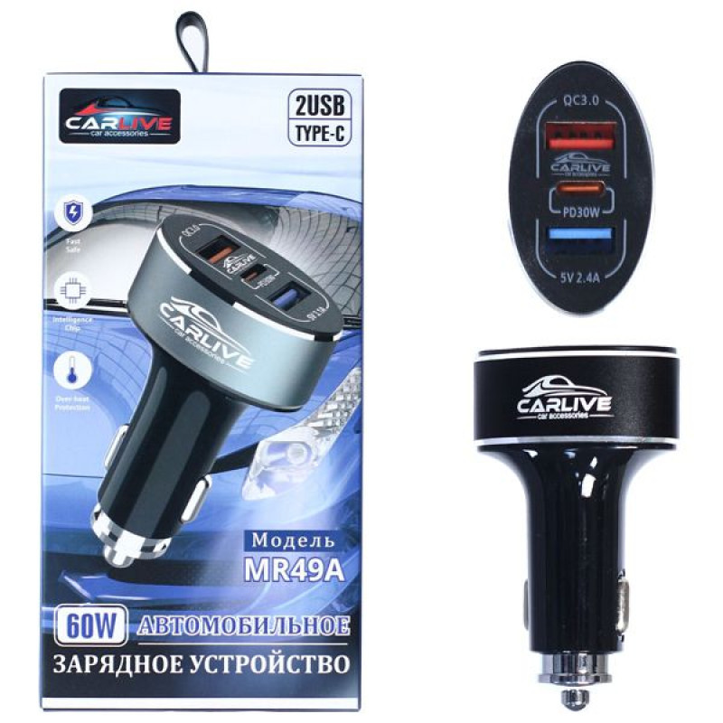 Автомобильное зарядное устройство MR49A Metal 2USB QC3.0/2.4A/PD 60W (Black)
