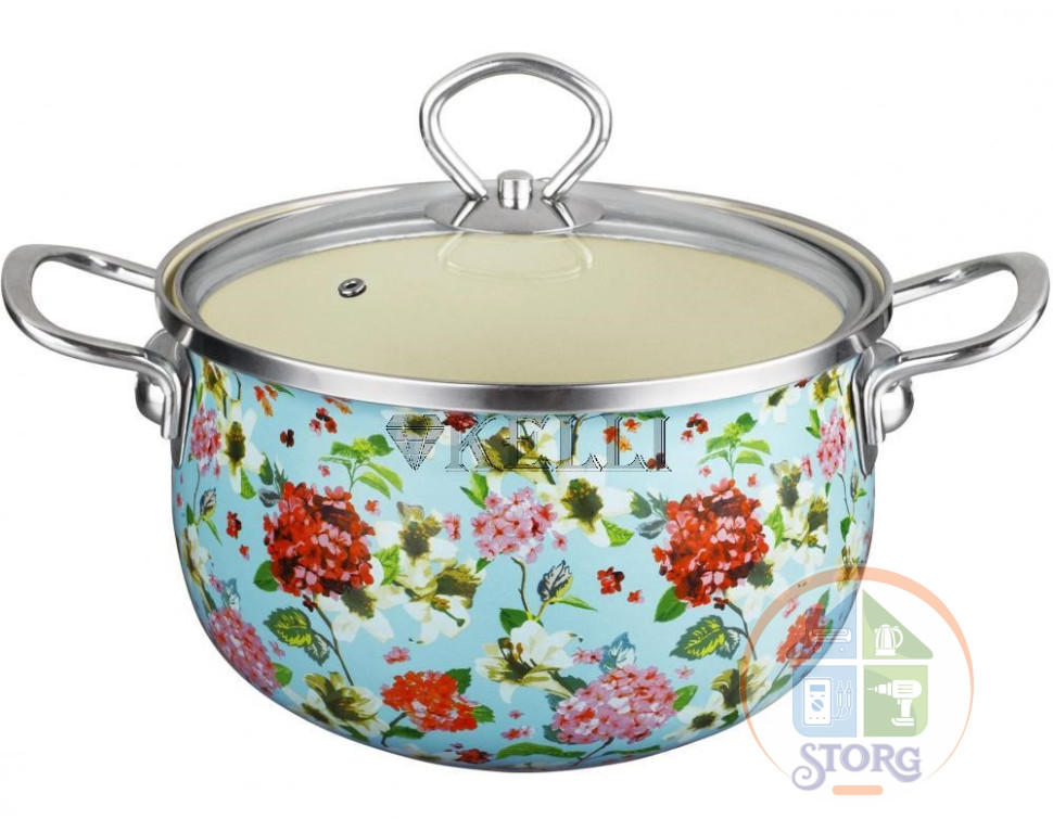 Кастрюля эмалированная KELLI KL-4460-20, 4.2л с жаропрочной стеклянной крышкой