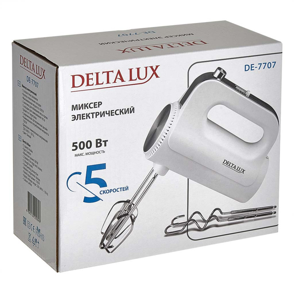 Миксер ручной DELTA LUX DE-7707 (Белый, 500Вт, 5реж., защита от перегрева) Миксер ручной DELTA LUX DE-7707 (Белый, 500Вт, 5реж., защита от перегрева)