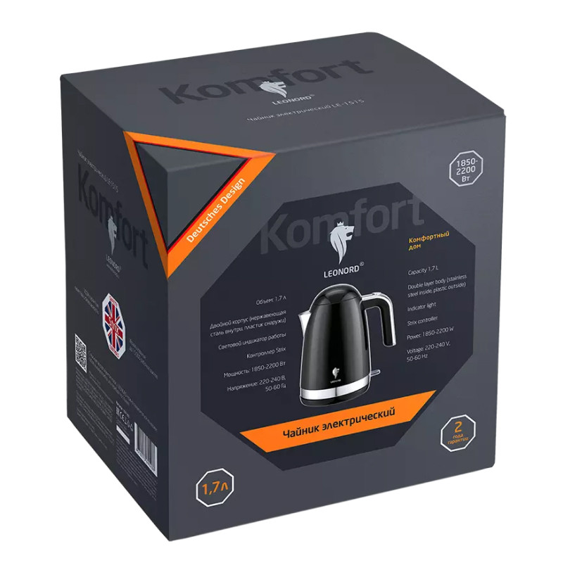 Чайник электрический LEONORD LE-1515 STRIX Черный; 2200Вт; 1,7л; Двойной корпус; 24 мес.гар.