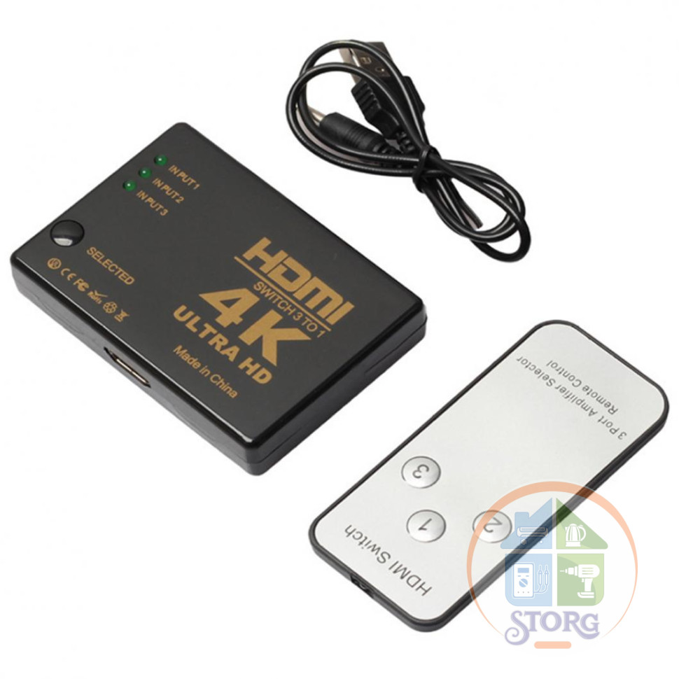 Адаптер HDMI Switch 3in1 4K 3 Port (black) Пульт управления ,IR выносной датчик