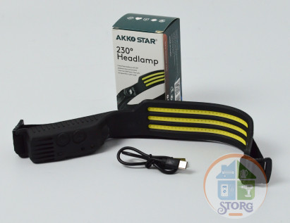 Фонарь налобный AKKOSTAR с датчиком 3-х полосная 4W/300lm 230°угол 1800mAh