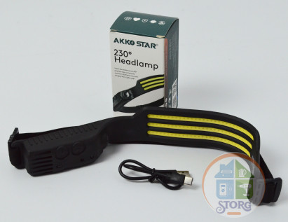 Фонарь налобный AKKOSTAR с датчиком 3-х полосная 4W/300lm 230°угол 1800mAh