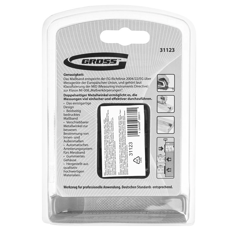 Рулетка Gross "Doppelhaken", 5 м x 19 мм, двухсторонний зацеп, нейлон, двуст. шкала, автоматич.