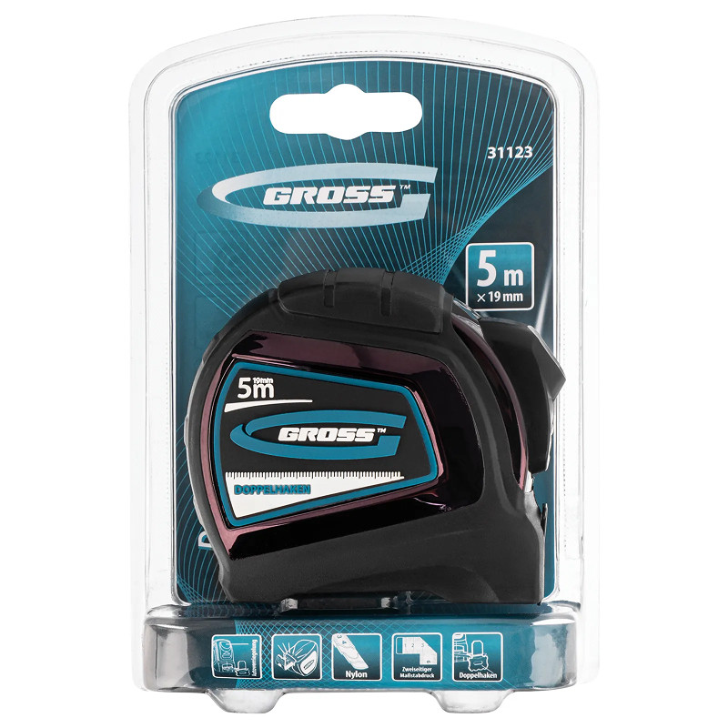 Рулетка Gross "Doppelhaken", 5 м x 19 мм, двухсторонний зацеп, нейлон, двуст. шкала, автоматич.