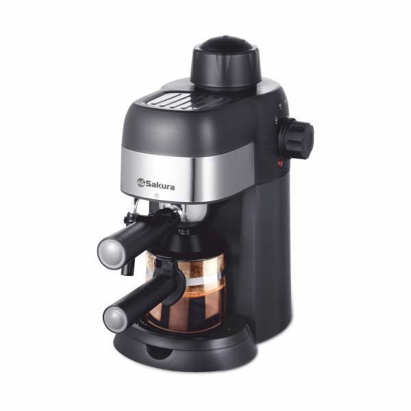 Кофеварка рожковая SAKURA SA-6115, черный/металлик, 800Вт, давление помпы 4 Бар, объем 250мл