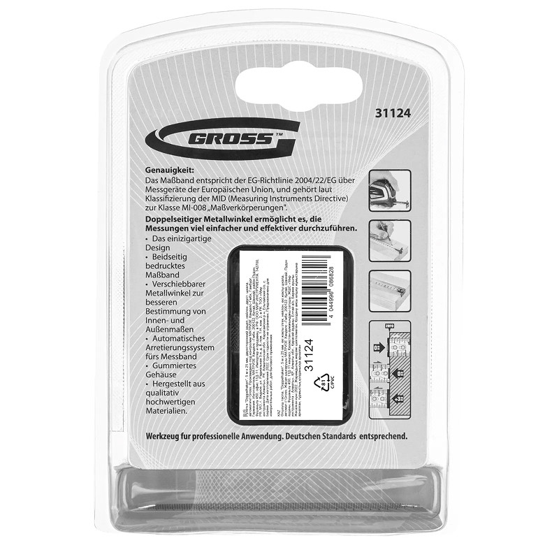 Рулетка Gross "Doppelhaken", 5 м x 25 мм, двухсторонний зацеп, нейлон, двуст. шкала, автоматич.